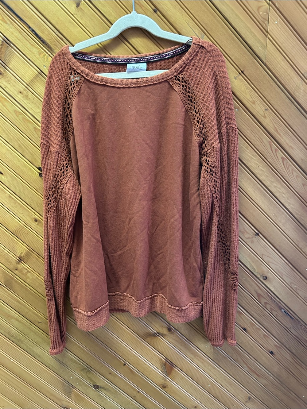 Knox Rose Burnt Orange Knit Top with Embroidered Neck Trim